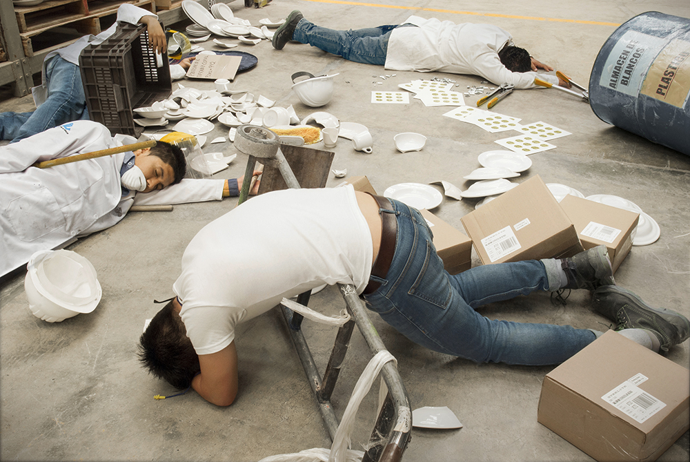 Still from a performance with workers at Anfora ceramics factory, Mexico. © Jeremy Hutchison, 2016 . This will exhibit at Zona Maco in Mexico City in February 2017.