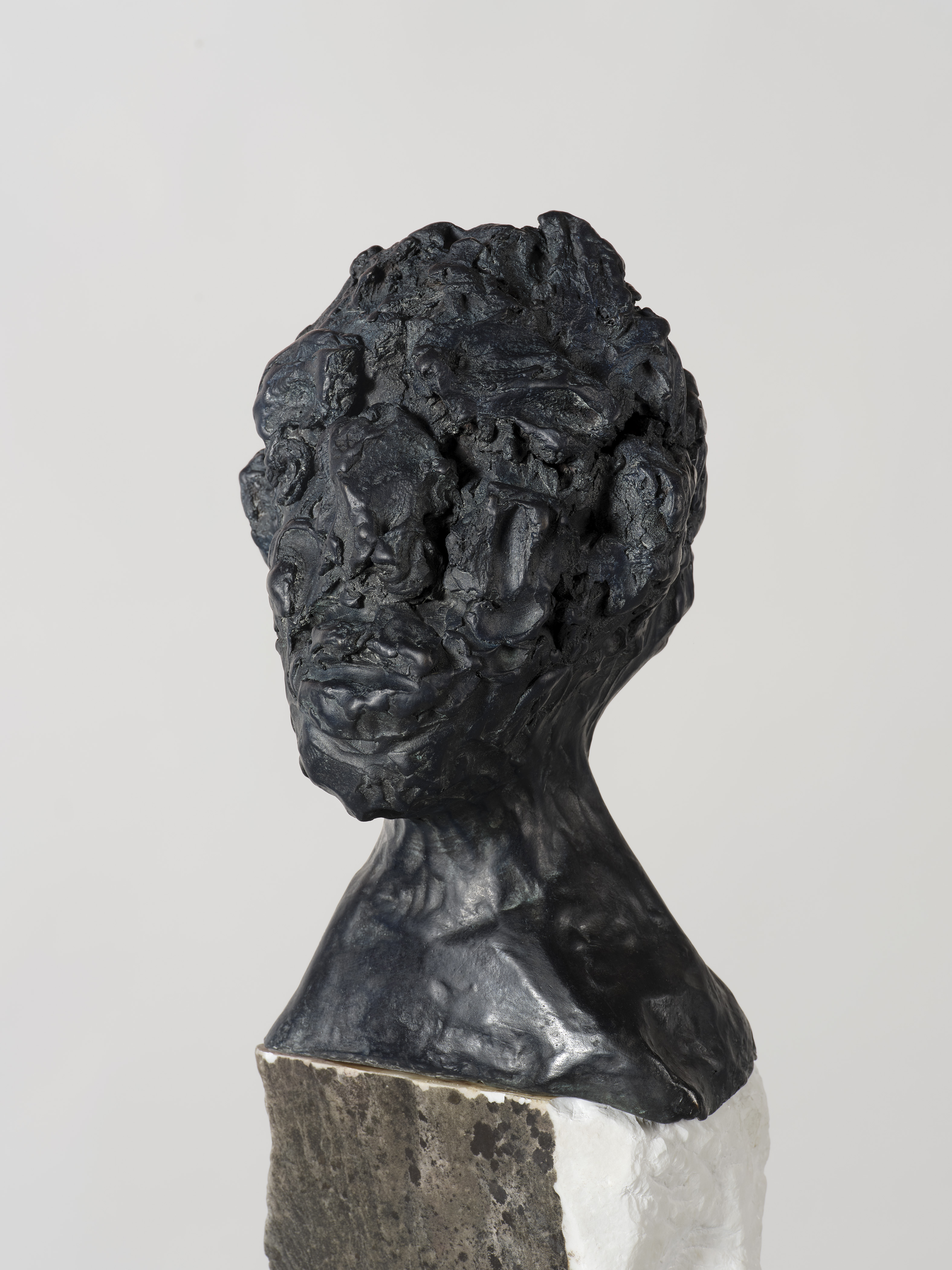 A sculptural bust of the artist's head in dark material 