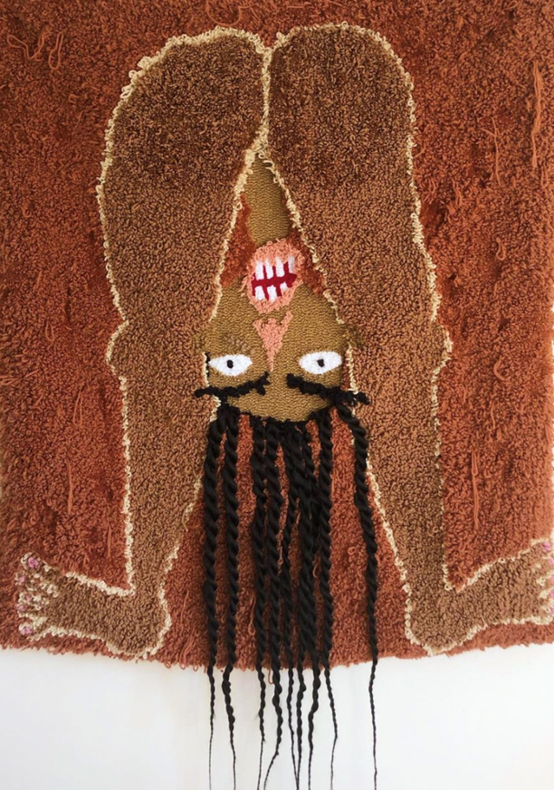 acrylic, wool, human hair, Kanekalon hair on hessian