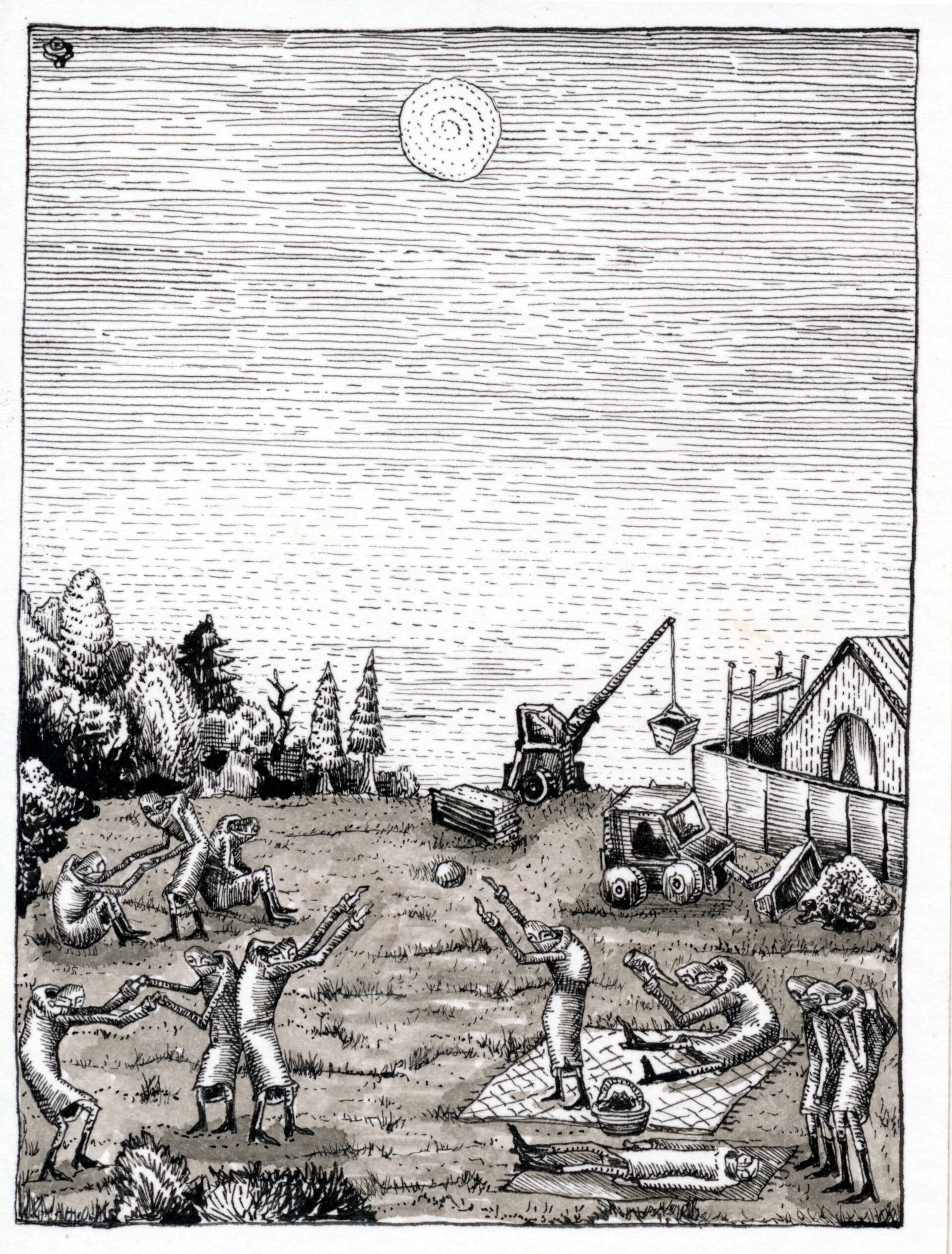 People not distancing. Only two miles away on the same stretch of land a temporary mortuary is being built to store the hundreds dying each day. (Pandemic Diary series, no. 19) (2020)