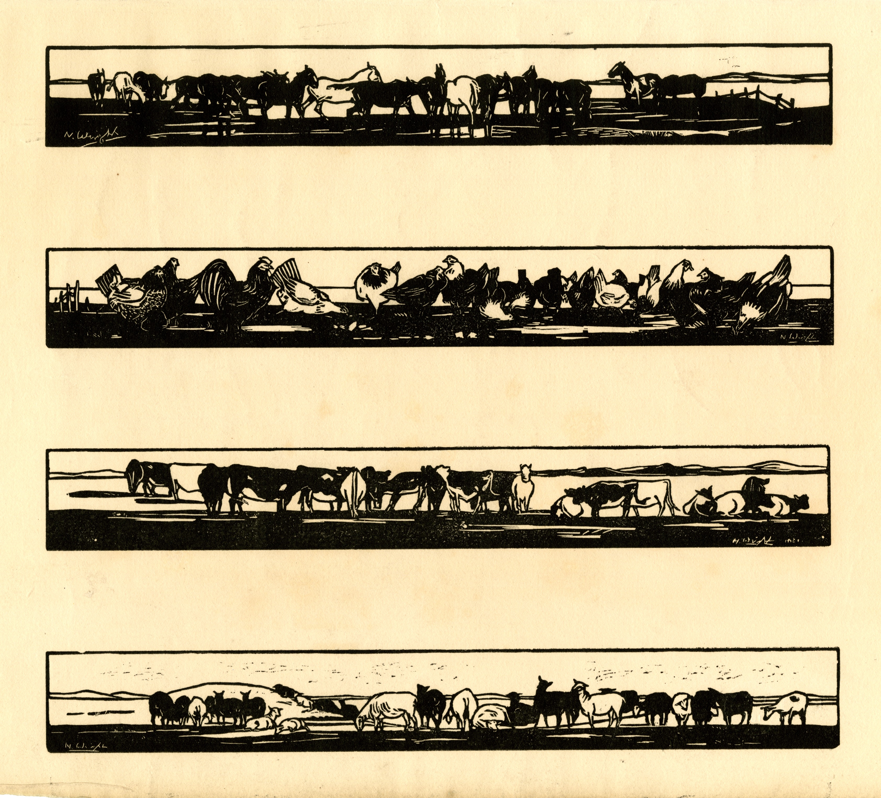 Four friezes  of horses, poultry, cattle and sheep (1921)