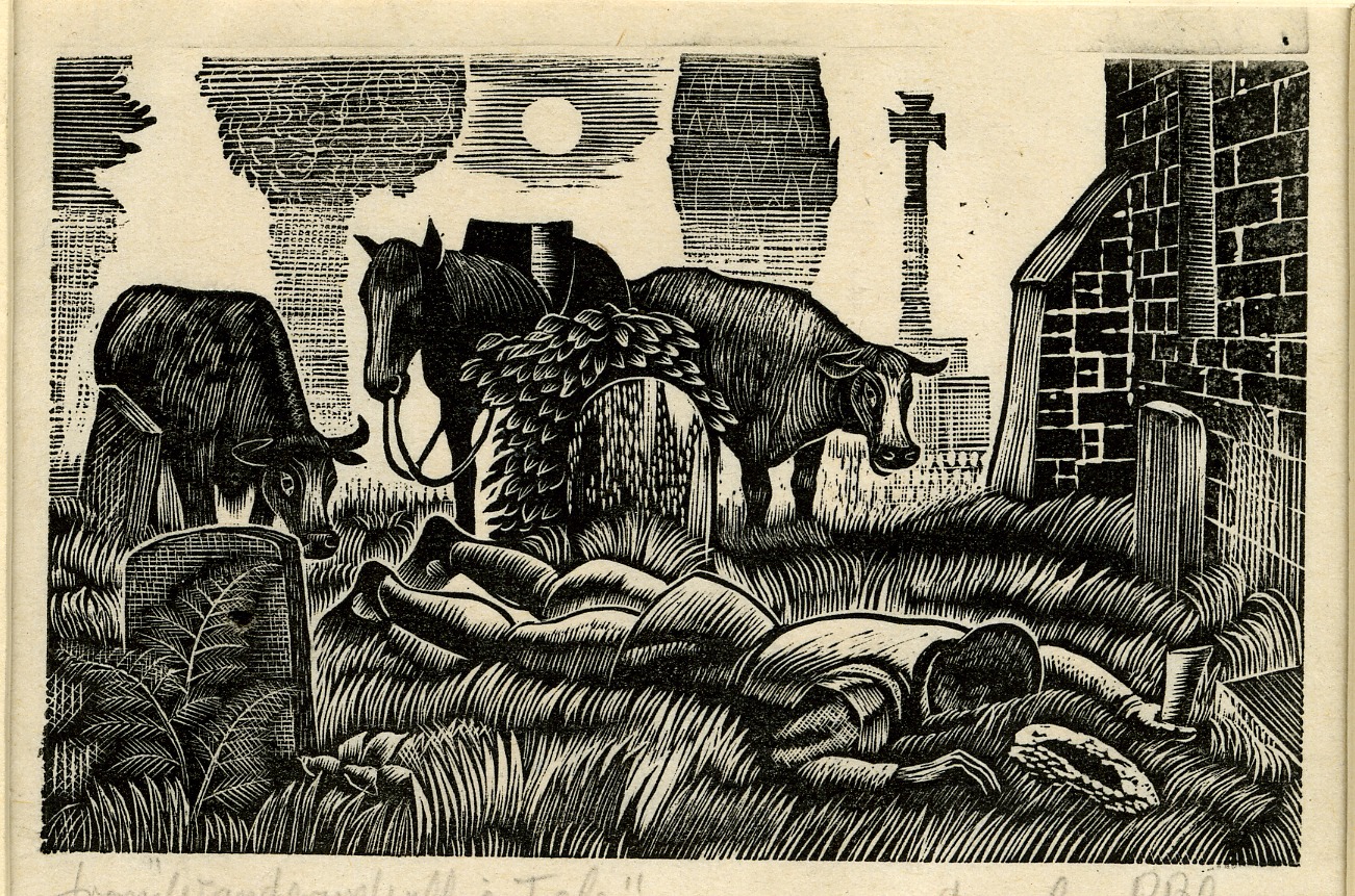 Man lying between graves (Illustration to Sir Walter Scott's 'Wandering Willie's Tale' in Douglas Percy Bliss's 'The Devil in Scotland') (1934)