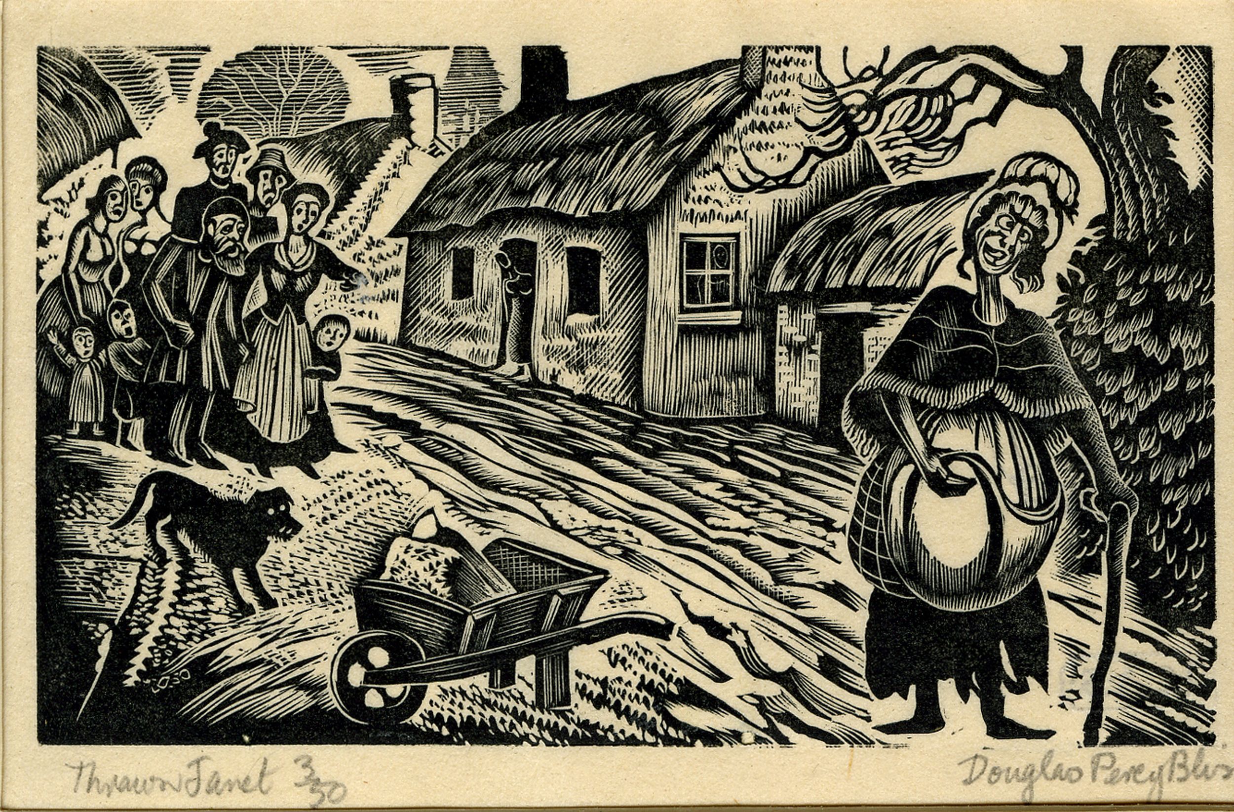 Crowd following woman along street (Illustration to Robert Louis Stevenson's 'Thrawn Janet' in Douglas Percy Bliss's 'The Devil in Scotland') (1934)