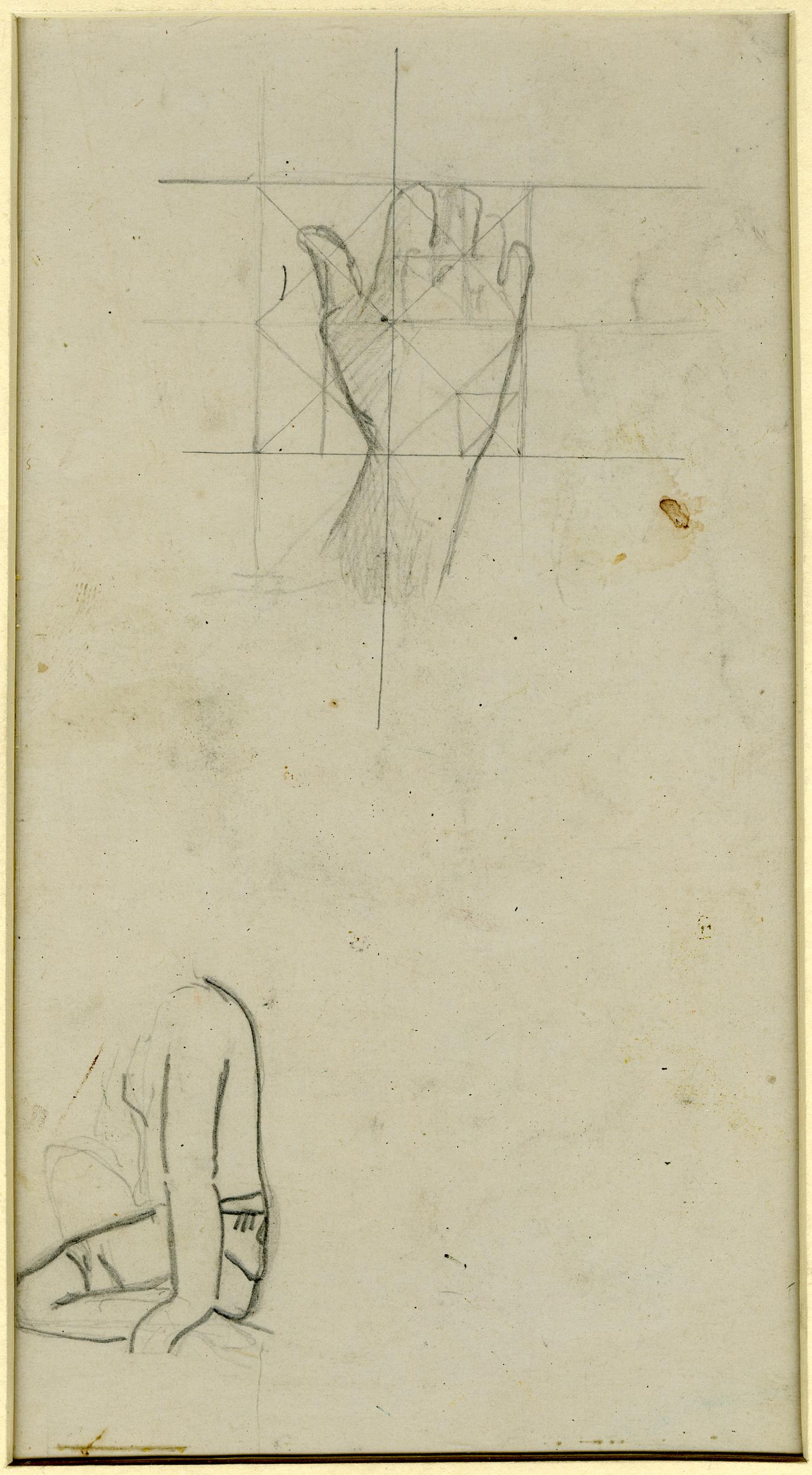 Sketch of a hand and a seated figure, in profile to left (verso) (1891-1903)