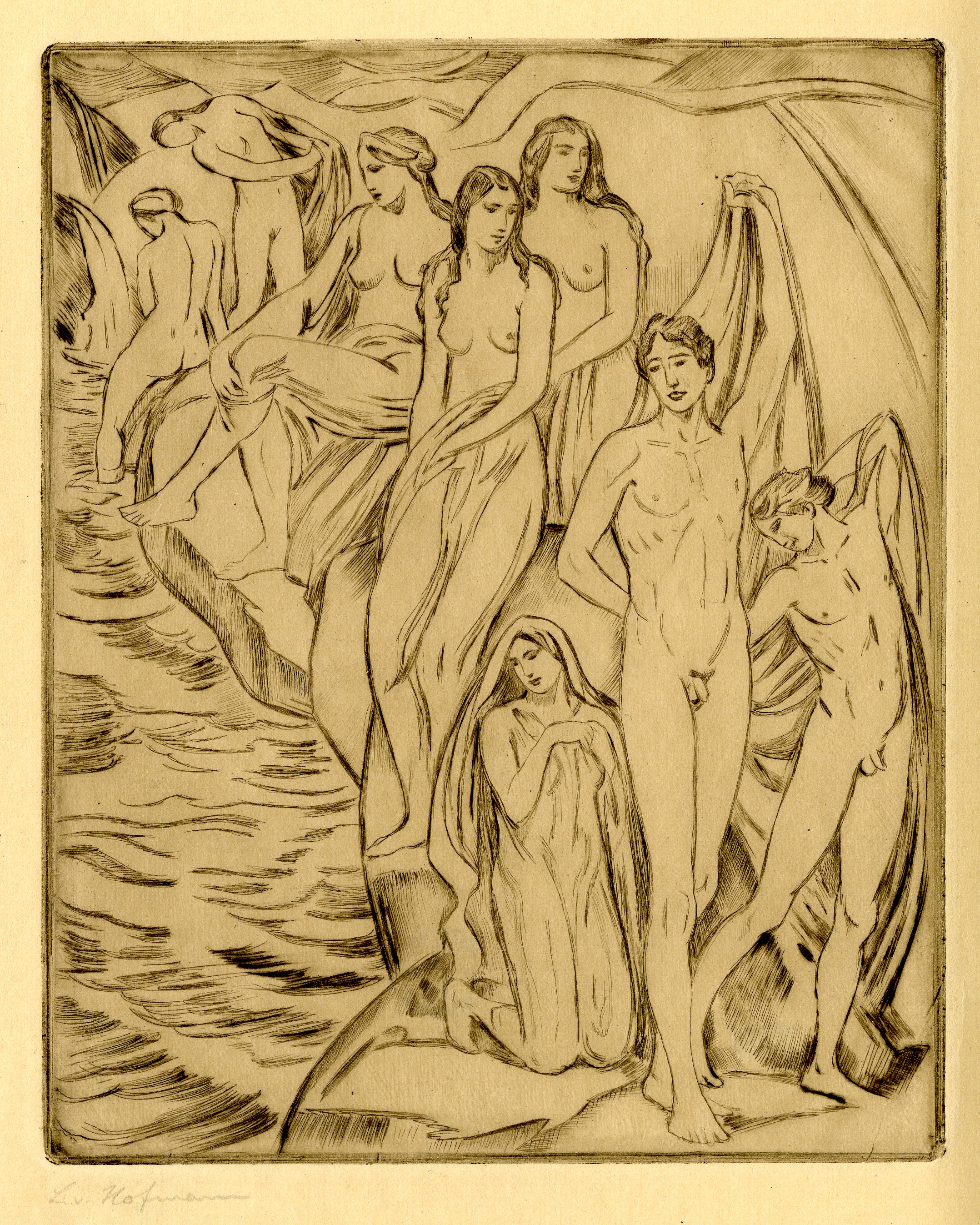 Nude women and men on a seashore (about 1920)