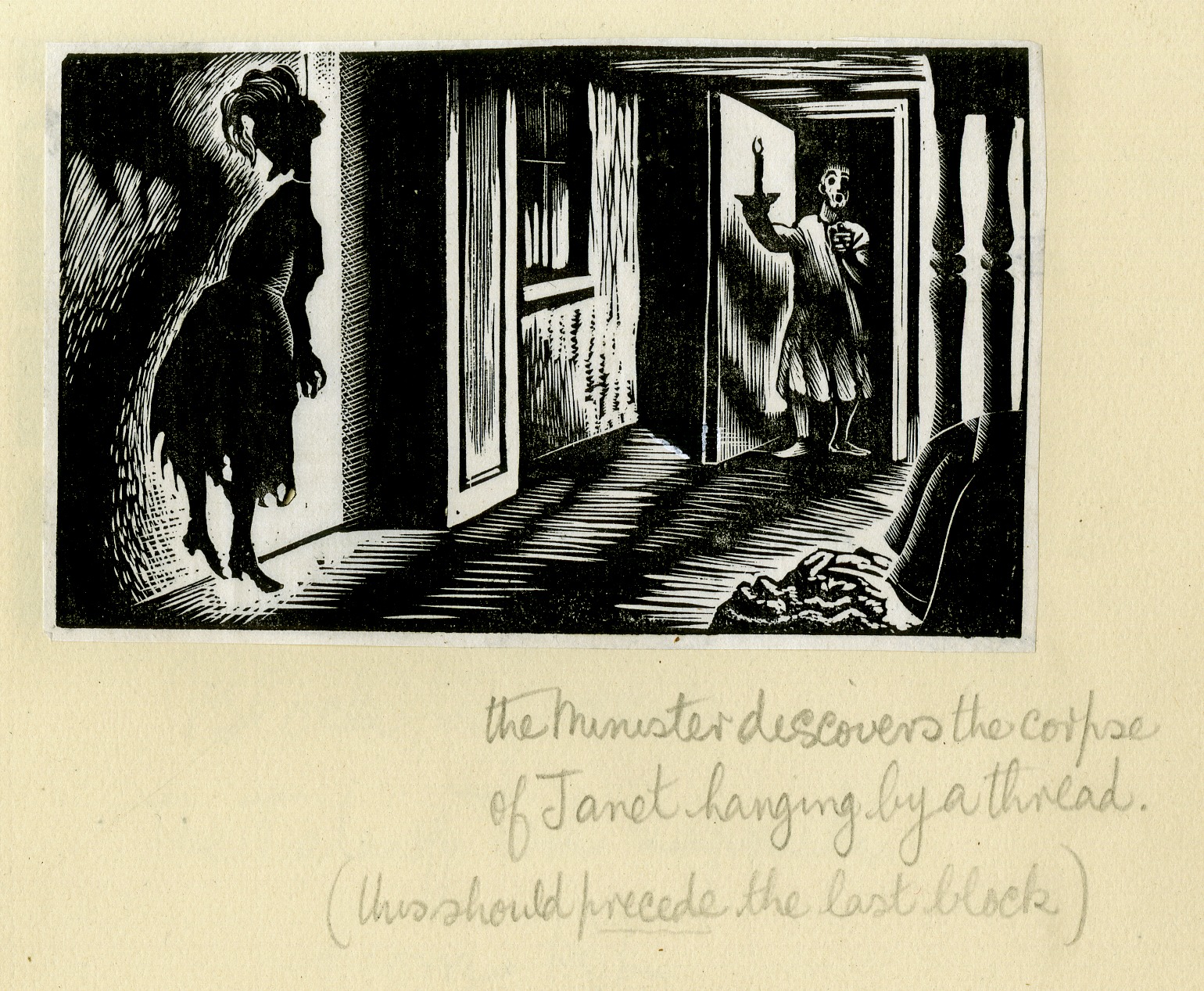 The Minister discovers the corpse of Janet hanging by a thread. (this should precede the last block) (from Album containing complete set of pulls from blocks for 'The Devil in Scotland' by Douglas Percy Bliss) (1934)