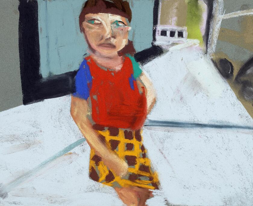 A pastel drawing on board by artist Chantal Joffe. The work depicts a female presenting subject outside in an urban environment. The subject is wearing a red and blue top and a leopard print skirt.