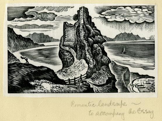 Romantic landscape - to accompany the Essay (from Album containing complete set of pulls from blocks for 'The Devil in Scotland' by Douglas Percy Bliss) (1934)