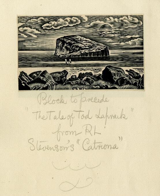 Block to precede "The Tale of Tod Lafraik" from RL Stevenson's "Catriona" (from Album containing complete set of pulls from blocks for 'The Devil in Scotland' by Douglas Percy Bliss) (1934)