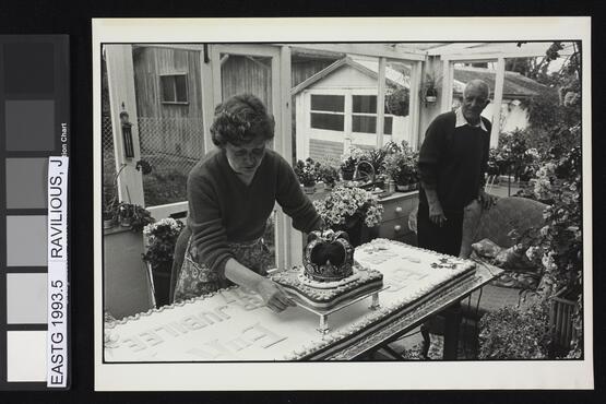 Joan and Cyril Dumbleton with Dolton’s Jubilee cake, 6 June 1977 (Twelve photographs from the Beaford Photographic Archive, Image 5) (1977)