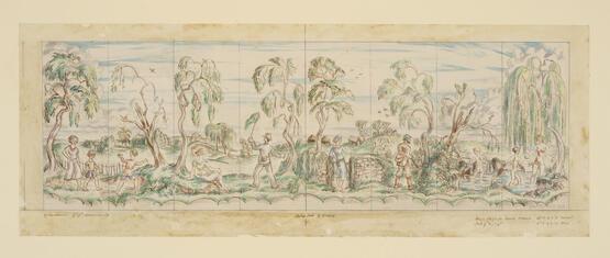 Figures in a landscape (Design for a screen) (1934)